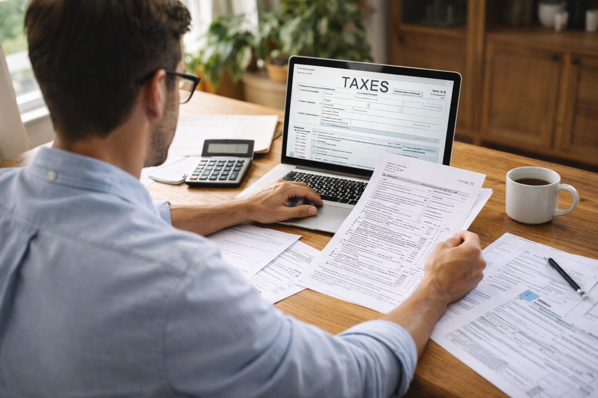 Tax preparation and filing documents on a desk